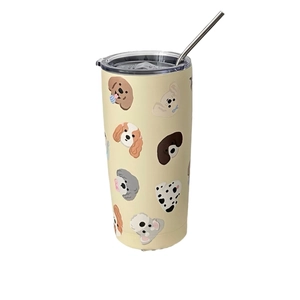Ins-style cartoon dog pattern 304 stainless steel tumbler with metal straw and clear lid