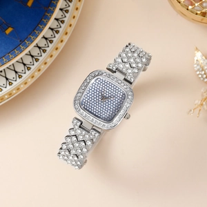 Elegant silver square quartz watch with full rhinestone-encrusted bezel and luxury strap