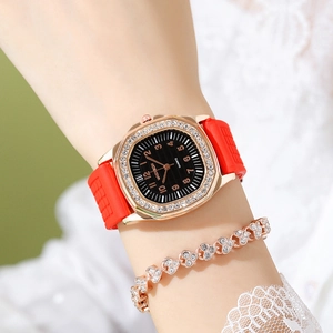 Luxury rhinestone square quartz watch with red silicone strap and heart bracelet set