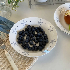 Top view of ceramic plate with blue starfish motifs holding fresh blueberries and a fork