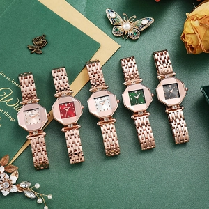 Elegant octagon quartz watch set for women with rose gold mesh bands in five colors