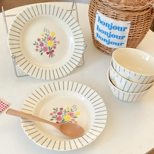 French vintage floral ceramic dinnerware set with blue stripe rim and flower pattern