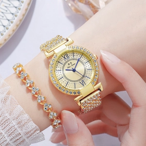 Lussuoso set orologio al quarzo dorato da donna con strass scintillanti e bracciale a cuore