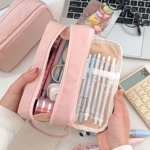 Pink double-layer pencil case with interior mesh pockets and elastic slots for stationery