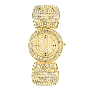 Close-up of luxury gold women's watch featuring a full rhinestone pavé dial and band