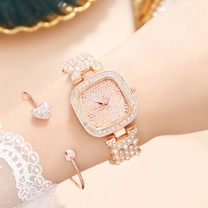 Elegant rose gold square dial women's quartz watch with sparkling rhinestone details