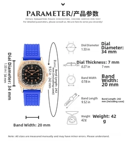 Size chart showing 34mm dial diameter and 242mm silicone band length for square quartz watch
