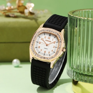 Fashionable square silicone rhinestone watch for women with golden octagonal case