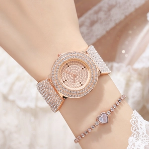 Elegant rose gold women's watch set with crystals and a matching heart bracelet
