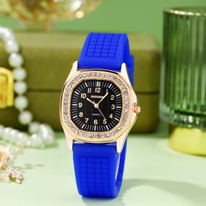Luxurious square quartz watch with rose gold rhinestone bezel and royal blue silicone strap