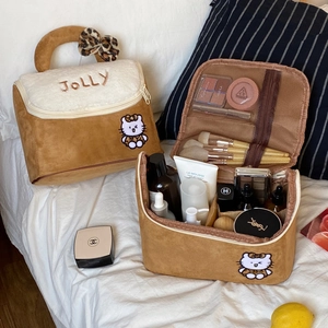 Cute brown faux suede cosmetic bag set with cat embroidery and large capacity storage
