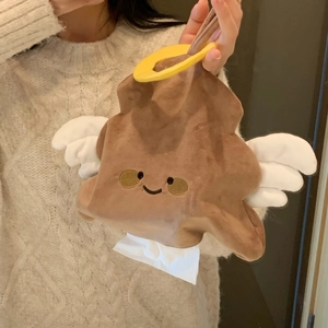 Creative plush poop-shaped tissue bag with white wings and embroidered smile face