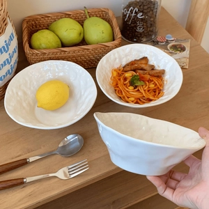 White irregular rock texture ceramic noodle bowl set in natural home dining setting