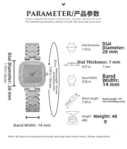 Detailed size specifications for the silver square rhinestone women's quartz watch