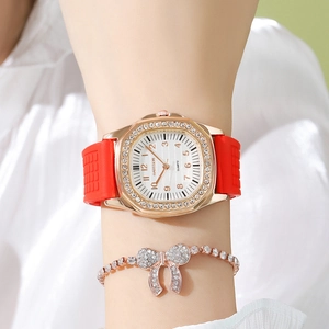 Women's square rose gold rhinestone watch with red silicone strap and bow bracelet