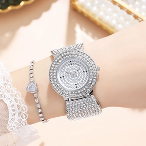 Luxury silver ladies quartz watch and heart bracelet set with sparkling rhinestones
