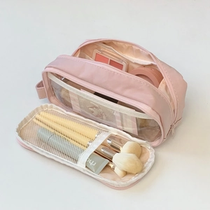 Pink large capacity travel makeup bag with waterproof nylon and double zipper design