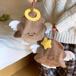 Hanging plush tissue holder featuring cute brown cloud designs with angel wings and halos