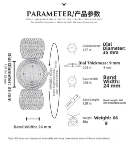 Size chart for rhinestone women's watch with 35mm dial and 200mm strap length