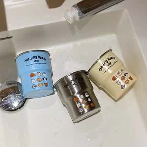 Cartoon dog stainless steel mouthwash cups in blue, cream and silver set of three