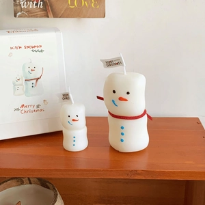 Detailed view of snowman scented candle set with red scarves and Christmas gift box