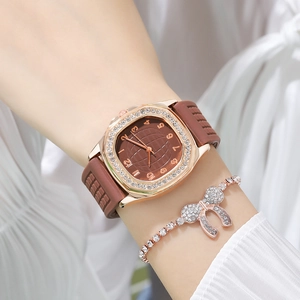 Elegant rose gold rhinestone square quartz watch with brown strap and matching bracelet