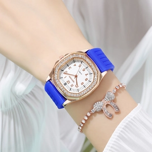 Women's blue silicone square watch with rhinestone bezel and butterfly bracelet set