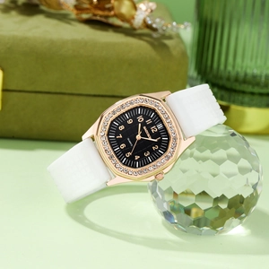 Luxury women quartz watch with square rhinestone bezel and white silicone strap