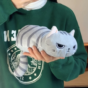 Dettaglio del tessuto felpato e dell'espressione del gatto grigio sull'astuccio