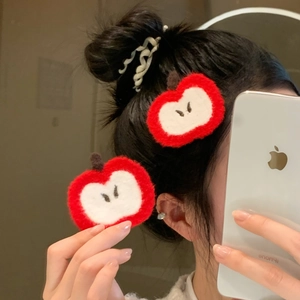 Apple Shape Plush Hair Bang Sticker Velcro Cute Fruit Hair Gripper For Girls Non-Marking Hair Styling Accessory