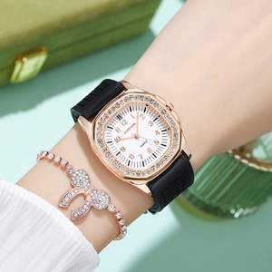 Women's rose gold square rhinestone watch with black silicone strap and bow bracelet