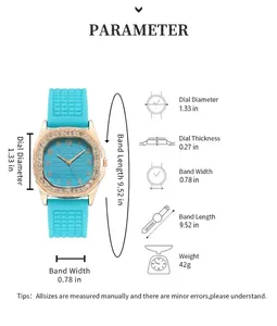 Sky blue silicone strap watch with rhinestone square case and detailed size specifications