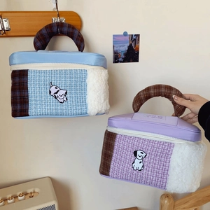 Cartoon patchwork cosmetic bag with sherpa texture and large capacity handle