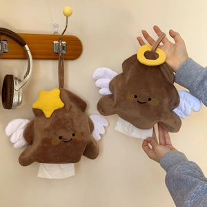 Hanging brown plush tissue holder with cute wings and star detail for home or car
