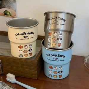 Three-piece stackable stainless steel puppy cups in cream, silver, and light blue