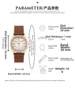 Detail view showing dimensions of rose gold square watch with crystal bezel and brown strap