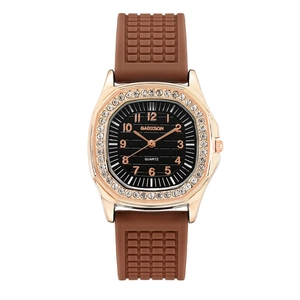 Close-up of GADYSON quartz watch with rose gold diamond bezel and brown silicone strap