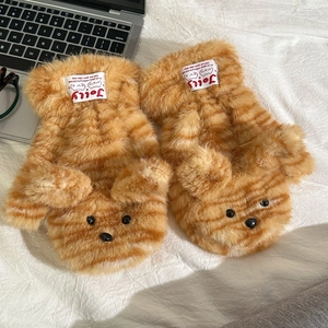 Cozy ginger tiger striped plush mittens for women, cute winter warm thermal gloves