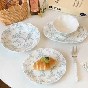 Ceramic Plates And Bowls French Vintage Blue Floral Embossed Scalloped Edge Elegant Dinnerware For Home