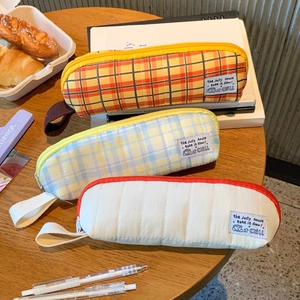 Large Capacity Grid Quilted Fabric Pencil Case Portable Stationery Storage Bag Korean Ins Style For Students
