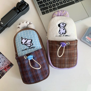 Portable Plush Cloth Storage Bag Cute Cartoon Embroidery Zipper Drawstring Handheld Pencil Case Protective Camera Pouch