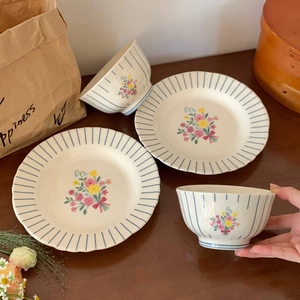 Vintage Floral Ceramic Bowl And Plate Blue Striped Underglaze Tableware For Home Kitchen Dining Retro French Style