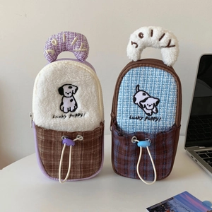 Detail of plush tweed camera bag for DJI Pocket 3 with cute puppy embroidery