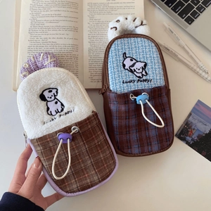 Detail of cute puppy embroidery on lamb wool and woven fabric gimbal storage bags