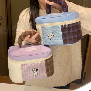 Cartoon patchwork large makeup bag with blue plaid and plush sherpa fabric details