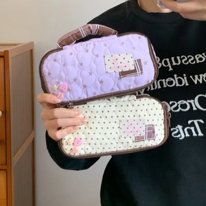 Japanese style heart-quilted large capacity pencil case with handle and star charms
