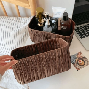 Brown pleated fabric organizer basket for desktop cosmetics and home sundries storage