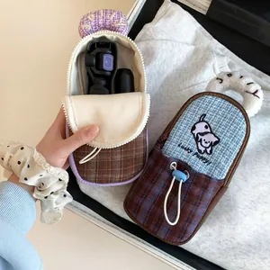 Cute plaid DJI Pocket 3 storage bag with lucky puppy embroidery and zipper closure