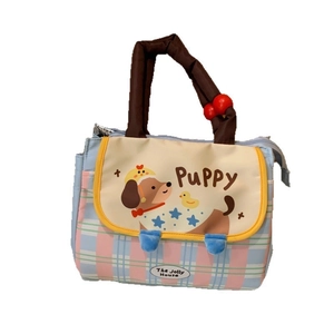 Cute cartoon dachshund puppy plaid lunch bag with thermal foil lining and handles