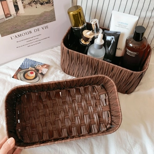 Vintage dark brown woven desktop storage baskets for organizing home cosmetics